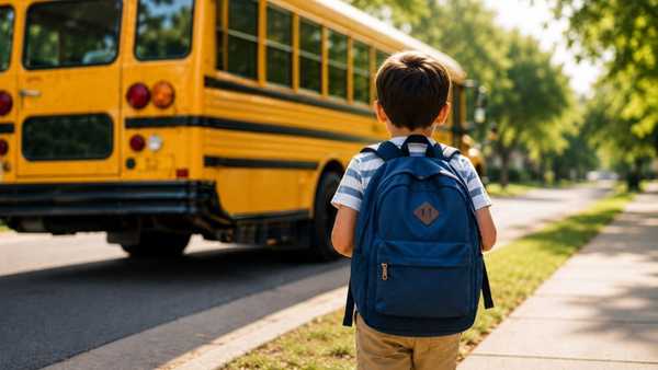 Student wearing a blue backpack stands on a sidewalk beside a yellow school bus with its door open on a tree-lined residential street, highlighting school transportation safety.
