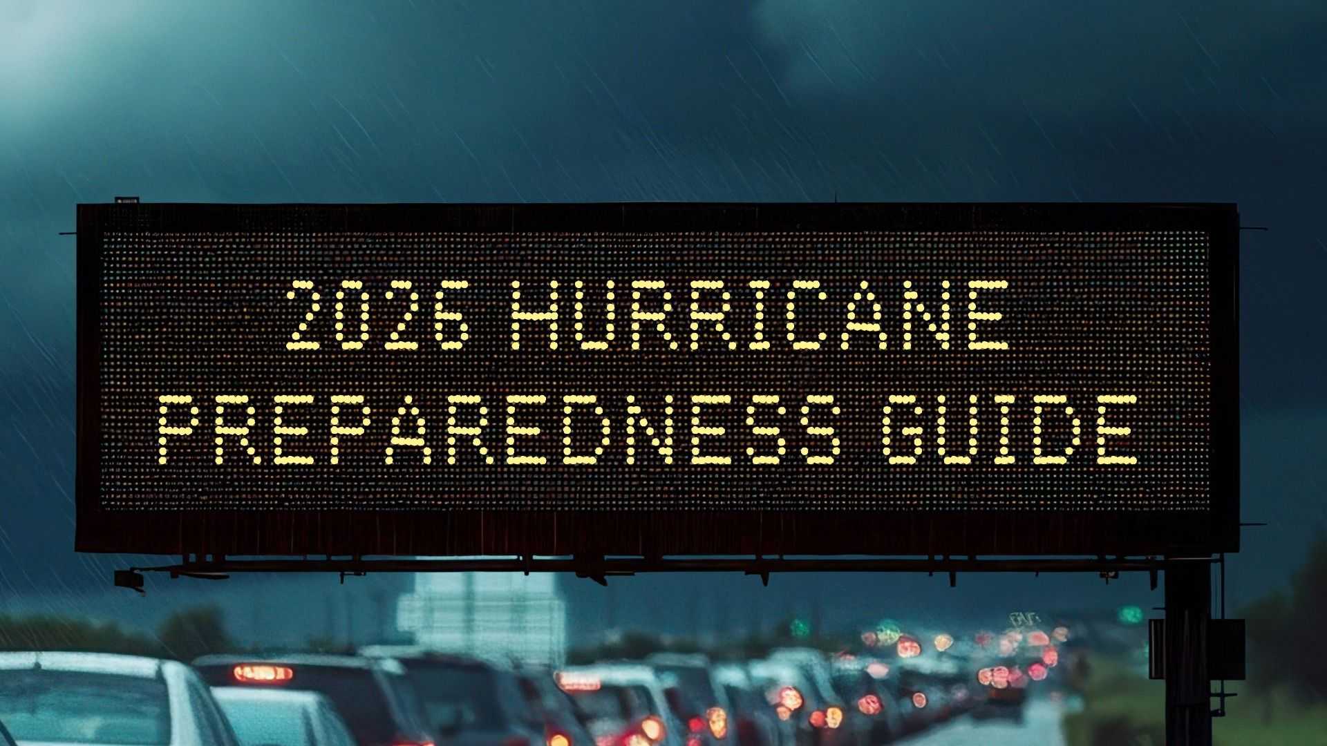 Overhead Texas digital road sign with vehicles on evacuation route that says 2026 HURRICANE PREPAREDNESS GUIDE
