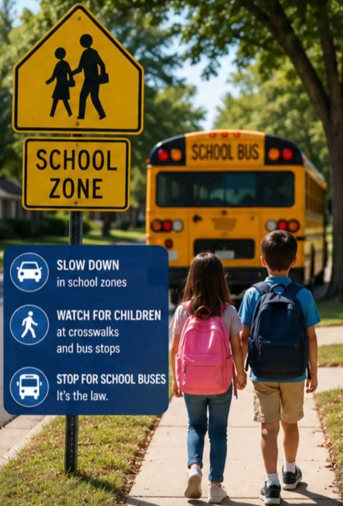 School zone safety poster showing two children with backpacks walking toward a school bus, alongside reminders to slow down, watch for children, and stop for school buses.
