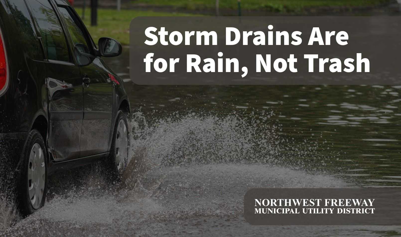 Stormwater awareness graphic showing a vehicle driving through flooded water with the message “Storm Drains Are for Rain, Not Trash,” promoting proper drainage and litter prevention.